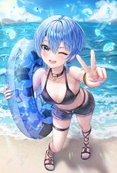  absurdres beach bikini black_bikini black_choker black_footwear blue_eyes blue_hair blue_nails blue_shorts blush bow bow_earrings breasts choker commentary_request denim denim_shorts earrings feet female full_body gladiator_sandals hair_between_eyes highres holding holding_swim_ring hololive hoshimachi_suisei jewelry legs medium_hair nail_polish navel ocean one_eye_closed open_mouth sandals short_shorts shorts skindentation small_breasts smile solo standing star_(symbol) star_in_eye stomach swim_ring swimsuit symbol_in_eye teeth thigh_strap toenail_polish toenails toes upper_teeth_only v variant_set virtual_youtuber wajuniorbox water_drop wet 