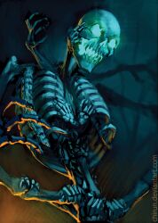  2017 5_fingers ambiguous_gender animated_skeleton blue_background blue_body bone chirun claws colored digital_media_(artwork) digital_painting_(artwork) fangs fingers glowing glowing_eyes green_eyes humanoid light lighting low-angle_view monster multi_arm multi_limb nude orange_light rib_cage shaded simple_background skeleton solo spread_legs spreading teeth text undead url 