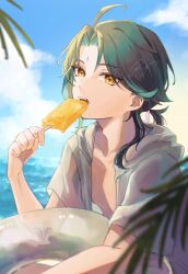  1boy basilian_31 beach black_hair facial_mark food food_in_mouth forehead_mark genshin_impact green_hair highres holding holding_food holding_popsicle hood hooded_jacket innertube jacket male_focus multicolored_hair ocean open_mouth popsicle popsicle_in_mouth short_hair solo swim_ring white_jacket xiao_(genshin_impact) yellow_eyes 