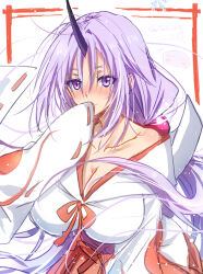  1other akatsuki_(ggsy7885) blush breasts cleavage closed_mouth collarbone commentary_request female hair_between_eyes hakama hakama_skirt highres horns japanese_clothes kimono kosode large_breasts long_hair miko off_shoulder oni purple_eyes purple_hair red_ribbon red_skirt ribbon ribbon-trimmed_sleeves ribbon_trim rimuru_tempest_(slime) shion_(tensei_shitara_slime_datta_ken) single_horn skirt solo_focus tensei_shitara_slime_datta_ken twitter_username upper_body very_long_hair white_background white_kimono 