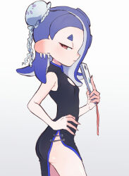  alternate_costume ass asymmetrical_hair black_dress blue_hair breasts cephalopod_eyes china_dress chinese_clothes dress earrings eyeliner female folded_fan folding_fan from_side gradient_background hand_fan hand_on_own_hip holding holding_fan horizontal_pupils jellyfish_hair_ornament jewelry long_hair makeup multiple_earrings octoling red_eyeliner red_eyes shiver_(splatoon) short_eyebrows side_slit sleeveless sleeveless_dress small_breasts solo splatoon_(series) tentacle_hair tooth_earrings utfu333 