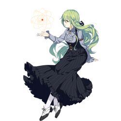  black_dress dress emma_planck female full_body green_hair grey_shirt hair_between_eyes honkai_(series) honkai_impact_3rd long_hair official_art parted_lips shirt shoes solo thighhighs third-party_source transparent_background white_thighhighs yellow_eyes 