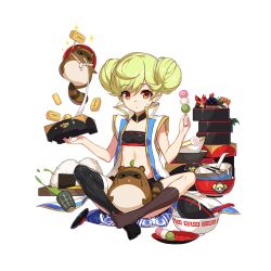  ai-chan_(honkai_impact) asymmetrical_legwear black_socks black_thighhighs bowl chopsticks closed_mouth cup double_bun female food full_body green_hair hair_bun hair_ornament holding holding_bento holding_food honkai_(series) honkai_impact_3rd japanese_clothes naoe_kanetsugu_(honkai_impact) no_shoes official_art onigiri orange_eyes single_sock single_thighhigh sitting skirt socks solo strapless tanuki tassel thighhighs third-party_source transparent_background tube_top uneven_legwear 