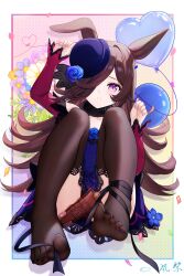  absurdres animal_ears balloon black_ribbon black_thighhighs blue_dress blue_flower blue_rose border brown_hair commentary_request confetti dagger dorsiflexion dress eyelashes feet female flower flower_hat hair_over_one_eye hand_up hat heart_balloon highres horse_ears horse_girl kazamatsuri_honatsu knees_up knife lace-trimmed_dress lace-trimmed_thighhighs lace_trim legs light_blush long_hair long_sleeves looking_at_viewer multicolored_background nail_polish no_shoes parted_lips purple_eyes purple_hat purple_nails red_sleeves ribbon rice_shower_(umamusume) rose sidelocks signature sitting thighhighs thighs toenail_polish toenails toes umamusume weapon white_border 