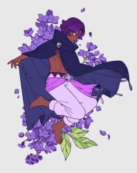  1boy adjusting_clothes bishounen blue_cloak ckrn_latte cloak cookie_run curtained_hair dark-skinned_male dark_skin falling_petals flipped_hair floating floating_cape flower full_body grey_background groin hand_up highres humanization knees_up leaf lilac_cookie looking_back male_focus navel outstretched_arm pants parted_lips petals pink_eyes pink_sash purple_flower purple_hair purple_petals sash short_hair sideways_glance simple_background solo white_pants 