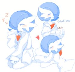  alternate_color artist_name blue_hair blush bob_cut closed_eyes clothed_pokemon colored_skin cup galutine gardevoir hair_over_one_eye heart highres holding holding_cup mug multiple_views parted_lips pillow pokemon pokemon_(creature) shiny_pokemon shirt sleepy smile white_shirt white_skin 