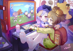  4girls :d :o arcade_cabinet backpack bag bell blonde_hair blue_shorts bottle bow braid brown_eyes brown_hair brown_hat commentary_request crime_prevention_buzzer dress game_over genshin_impact green_dress grey_hair guoba_(genshin_impact) hair_bell hair_ornament hair_rings hat hat_bow hilichurl_(genshin_impact) indoors jingle_bell klee_(genshin_impact) long_sleeves multiple_girls nahida_(genshin_impact) no_shoes ofuda pantyhose pantyhose_under_shorts parted_lips pointy_ears profile purple_bow purple_footwear purple_hair qiqi_(genshin_impact) randoseru red_hat shirt shoes short_eyebrows shorts signature sitting sitting_on_lap sitting_on_person smile soles stool striped_clothes striped_shirt tsubasa_tsubasa unworn_shoes white_pantyhose yaoyao_(genshin_impact) 