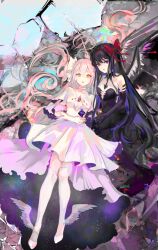  2girls akemi_homura akuma_homura armlet bare_shoulders black_collar black_dress black_gloves black_hair black_wings blue_sky bow breasts center_frills chest_jewel choker cleavage cleavage_cutout clothing_cutout collar crack detached_collar dress elbow_gloves feathered_wings floating_hair frilled_dress frills full_body gem gleam gloves hair_between_eyes hairband hairbow high_collar highres hug jewelry kaname_madoka lao_lang long_dress long_hair looking_at_viewer mahou_shoujo_madoka_magica mahou_shoujo_madoka_magica:_hangyaku_no_monogatari medium_breasts multiple_girls object_floating_above_hand over-kneehighs parted_lips pink_gemstone pink_hair pleated_sleeves purple_eyes purple_gemstone red_bow red_hairband shoes short_sleeves sidelocks sky socks soul_gem space space_print starry_sky_print straight_hair strapless strapless_dress thighhighs two-sided_dress two-sided_fabric two_side_up ultimate_madoka very_long_hair white_bow white_choker white_dress white_footwear white_gloves white_socks winged_footwear wings yellow_eyes 