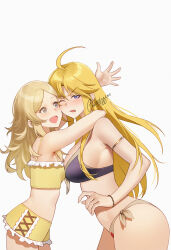  2girls :d absurdres ahoge armlet asymmetrical_docking blonde_hair blush bracelet breast_press breasts commentary_request fire_emblem fire_emblem:_the_blazing_blade fire_emblem_fates fire_emblem_heroes grey_eyes highres hug jewelry large_breasts long_hair louis_(fire_emblem) multiple_girls one_eye_closed ophelia_(fire_emblem) parted_bangs purple_eyes shizuko_hideyoshi simple_background small_breasts smile swimsuit v-shaped_eyebrows white_background 