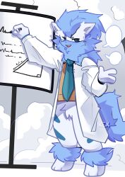  2024 absurd_res anthro biped blue_body blue_eyes blue_fur domestic_cat felid feline felis fur hi_res kexuiiiii looking_at_viewer male mammal scientist slim_anthro slim_male solo standing white_body white_fur 