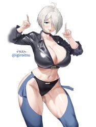  angel_(kof) backless_pants blue_eyes breasts choker cleavage collarbone crop_top cropped_jacket female hair_over_one_eye highres igiroitsu index_fingers_raised jacket large_breasts leather leather_jacket looking_at_viewer midriff navel pants short_hair simple_background smile solo strapless the_king_of_fighters thighs toned tongue tongue_out twitter_username white_background white_hair 