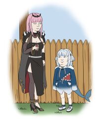  2girls absurdres animal_costume animal_hood black_cape black_dress black_tiara blue_eyes blue_hair blue_hoodie blunt_bangs blush breasts cape cleavage cue_ball_jamal detached_sleeves dress fence fins fish_tail gawr_gura gawr_gura_(1st_costume) grey_hair hair_ornament high_heels highres holding hololive hololive_english holomyth hood hoodie jewelry king_of_the_hill large_breasts long_hair long_sleeves looking_at_viewer mike_judge_(style) mori_calliope mori_calliope_(1st_costume) multicolored_hair multiple_girls open_mouth parody pink_eyes pink_hair red_eyes shark_costume shark_girl shark_hair_ornament shark_hood shark_print shark_tail sharp_teeth single_detached_sleeve smile solo spikes standing streaked_hair style_parody tail teeth thighhighs tiara two_side_up veil virtual_youtuber 