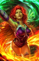  armpits arms_up breasts dc_comics dcwj female fire green_eyes highres leotard looking_up magic medium_breasts purple_leotard pyrokinesis red_hair signature solid_eyes solo starfire teen_titans 