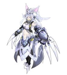  animal_ears armor boots claw_(weapon) clawed_gauntlets commentary_request covered_mouth cross-laced_footwear expressionless female fox_ears gauntlets gorget grey_eyes harness high_heel_boots high_heels highres knight lace-up_boots looking_at_viewer midriff mix_(candlmix) original pale_skin ponytail sidelocks simple_background solo stomach strapless tiara tube_top weapon white_background white_hair 