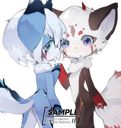  2023 ambiguous_gender anthro big_ears big_eyes blue_body blue_eyes brown_body canid canine duo fur hair hi_res ketchup_coke looking_at_viewer mammal multi_tail navel nude paws simple_background tagme tail white_body white_fur white_hair 