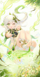  absurdres aranara_(genshin_impact) bare_shoulders bloomers bracelet bupa_chila chinese_commentary commentary_request cross-shaped_pupils detached_sleeves dress female finger_frame floating_hair full_body genshin_impact gold_trim gradient_hair green_eyes green_hair hair_ornament highres jewelry leaf_hair_ornament long_hair looking_at_viewer multicolored_hair nahida_(genshin_impact) one_eye_closed open_mouth pointy_ears side_ponytail sitting sleeveless sleeveless_dress solo stirrup_legwear swing symbol-shaped_pupils teeth toeless_legwear toes upper_teeth_only white_bloomers white_dress white_hair 