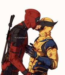  2boys belt blood blood_on_clothes blood_on_weapon bodysuit claws deadpool deadpool_&amp;_wolverine deadpool_(series) english_commentary facial_hair gloves highres impaled katana kissing male_focus manofbeskar marvel mask mature_male multiple_boys stab superhero_costume sword twitter_username two-tone_bodysuit violence weapon weapon_on_back wolverine_(x-men) x-men yaoi yellow_bodysuit 