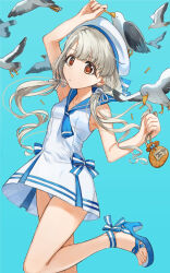  bare_legs bird blue_sailor_collar breasts brown_eyes commission dress expressionless feet female flock foot_out_of_frame grey_hair hat high_heels highres hisakawa_nagi idolmaster idolmaster_cinderella_girls leg_up legs long_hair low_twintails panties pantyshot sailor_collar sailor_dress sailor_hat sandals seagull skeb_commission small_breasts solo strappy_heels toenails toes twintails underwear white_dress white_panties yano_sou 