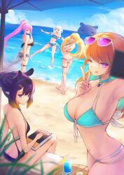  5girls absurdres alternate_costume ao-chan_(ninomae_ina&#039;nis) ass beach bikini black_bikini blonde_hair blue_bikini blue_choker blue_eyes blue_hair blue_sky breasts choker cleavage cloud fins fish_tail frilled_bikini frills gawr_gura green_eyes grey_hair hair_bun highres hololive hololive_english holomyth large_breasts looking_at_viewer mori_calliope multiple_girls navel ninomae_ina&#039;nis one_eye_closed orange_hair pink_hair pointy_ears ponytail purple_eyes purple_hair red_eyes shark_girl shark_tail sky small_breasts smile space_kami swimsuit tail takanashi_kiara takodachi_(ninomae_ina&#039;nis) thigh_strap tongue tongue_out two_side_up v virtual_youtuber water watson_amelia white_bikini 