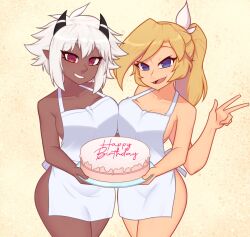  2girls apron birthday_cake blonde_hair breasts brown_eyes cake cleavage collarbone commentary dark-skinned_female dark_skin english_commentary english_text extra_arms fangs food grey_hair hair_behind_ear happy_birthday highres holding holding_plate horns looking_at_viewer multiple_girls naked_apron nelly_(xyronii) open_mouth original plate pointy_ears ponytail short_hair smile v xyronii 