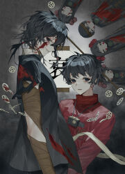  2boys absurdres bandaged_arm bandages black_eyes black_hair black_jacket blood blood_on_clothes blood_on_face cabinc camera camera_around_neck chinese_commentary commentary_request earrings facial_tattoo grey_background grin high_collar highres jacket jewelry li_yuting_(male) long_sleeves male_focus medium_hair mole mole_under_each_eye mole_under_eye multiple_boys multiple_moles parted_lips red_jacket short_hair smile tattoo torn_clothes torn_sleeves touqi_guaitan ziche_fuzhao 