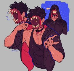  1boy black_hair english_commentary grey_background highres jacket looking_at_viewer male_focus monster_boy multiple_views nipple_piercing nipples one-eyed original piercing rain sharp_teeth short_hair simple_background tank_top teeth upper_body viiperfish wet 