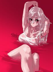  absurdres ariane_yeong bandages bath blood breasts cuts dress female highres injury large_breasts long_hair pool_of_blood red_eyes shantysixix signalis simple_background solo wet wet_clothes white_hair 