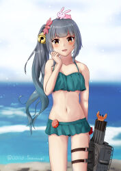  animal_on_head badge bell bikini bikini_skirt blue_sky brown_eyes cloud cowboy_shot crab day female flip-flops flower green_bikini grey_hair hair_bell hair_flower hair_ornament horizon jingle_bell kantai_collection kasumi_(kancolle) kasumi_kai_ni_(kancolle) kasumi_kai_ni_(swimsuit_mode)_(kancolle) long_hair navel ocean on_head outdoors rabbit rabbit_on_head sandals side_ponytail sky solo sorairo_haruka standing swimsuit torpedo_launcher water 