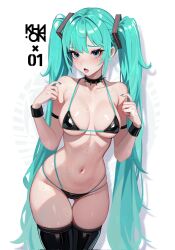  alternate_costume aqua_eyebrows aqua_eyes aqua_hair aqua_nails bikini black_thighhighs breasts choker cleavage collarbone colo_colo female hatsune_miku highres khaonpng long_hair navel skindentation solo spiked_choker spikes stomach string_bikini swept_bangs swimsuit thighhighs twintails very_long_hair vocaloid watermark watermark_grid wrist_cuffs 