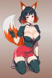  4_fingers animal_humanoid anime_eyes anime_style anthro avius big_breasts bottomwear breasts canid canid_humanoid canine canine_humanoid choker cleavage clothed clothing digital_media_(artwork) dipstick_tail female fingers fox fox_ears fox_humanoid fox_tail full-length_portrait fur gloves hair handwear hi_res humanoid inner_ear_fluff jewelry kneeling light_body light_skin mammal mammal_humanoid markings necklace orange_body orange_ears orange_fur portrait red_bottomwear red_clothing red_eyes red_skirt simple_background skirt solo tail tail_markings topwear tuft white_inner_ear_fluff white_tail_tip 