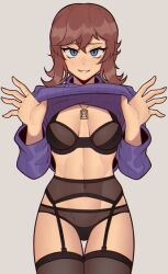  a_hat_in_time abs bad_id bad_twitter_id black_bra black_thighhighs blue_eyes blush bra breasts brown_hair clothes_lift cowboy_shot female fujimna hat_kid jewelry lingerie long_hair looking_at_viewer navel necklace open_mouth purple_sweater simple_background small_breasts smile solo sweater sweater_lift thighhighs underwear 