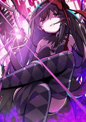  absurdres akemi_homura akuma_homura argyle_clothes argyle_thighhighs armlet bare_shoulders black_collar black_dress black_gloves black_hair black_wings blood blood_from_eyes blood_on_face bow breasts center_opening collar dark_orb_(madoka_magica) detached_collar dress elbow_gloves feathered_wings feet_out_of_frame female fingernails gem gloves glowing_gem grey_thighhighs hairband hairbow hand_on_own_cheek hand_on_own_face high_collar highres jewelry long_dress long_hair mahou_shoujo_madoka_magica mahou_shoujo_madoka_magica:_hangyaku_no_monogatari nadesukos object_floating_above_hand open_door open_mouth pink_background pink_lips purple_eyes purple_gemstone red_bow red_hairband sharp_fingernails small_breasts smile solo soul_gem strapless strapless_dress teeth thighhighs very_long_hair wings 