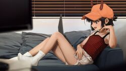  :d baseball_cap black_camisole blurry blurry_foreground blush bra_strap breasts brown_eyes brown_hair camisole computer couch demon_horns depth_of_field female flat_screen_tv hand_on_own_opposite_thigh hand_up hat highres horns indoors katya_(servachok) knees_up laptop leaning_back living_room looking_ahead looking_at_screen lounging lying night no_shoes on_back on_couch open_mouth orange_hat original red_camisole servachok short_hair short_shorts shorts sleeveless small_breasts smile socks striped_camisole television two-tone_camisole white_shorts white_socks window_blinds 