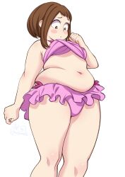  artist_name bikini blush boku_no_hero_academia brown_eyes brown_hair cloudxmoe commentary cowboy_shot english_commentary female furrowed_brow highres looking_down medium_hair navel open_mouth pink_bikini plump sidelocks simple_background solo swimsuit tareme thick_arms thick_thighs thighs uraraka_ochako white_background 