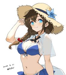  absurdres bigkwl bikini blue_bikini blue_eyes blue_flower braid breasts brown_hair female flower front-tie_bikini_top front-tie_top hair_between_eyes hair_flaps hair_over_shoulder hat hat_flower highres kantai_collection long_hair medium_breasts official_alternate_costume open_clothes open_shirt shigure_(kancolle) shigure_kai_san_(kancolle) shigure_kai_san_(swimsuit)_(kancolle) side-tie_bikini_bottom single_braid smile solo straw_hat sun_hat swimsuit upper_body 