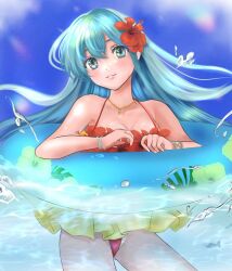  aqua_eyes aqua_hair bare_shoulders bikini blue_innertube breasts closed_mouth eirika_(fire_emblem) eirika_(summer)_(fire_emblem) female fire_emblem fire_emblem:_the_sacred_stones fire_emblem_heroes fish flower hair_flower hair_ornament in_water innertube jewelry jilliannowaki long_hair looking_at_viewer necklace official_alternate_costume partially_submerged red_bikini smile swim_ring swimsuit 