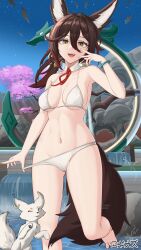  absurdres animal_ears ass_visible_through_thighs bare_shoulders bikini bikini_bottom_pull bracelet breasts brown_hair cameltoe collarbone female fox fox_ears fox_girl fox_tail green_bracelet green_eyes hair_between_eyes highres honkai:_star_rail honkai_(series) jewelry large_breasts long_hair looking_at_viewer navel official_art sembem smile solo standing swimsuit tail thighs tingyun_(honkai:_star_rail) white_bikini 