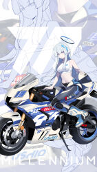  anchorage_akiko bare_shoulders biker_clothes bikesuit black_bodysuit blue_archive bodysuit bodysuit_around_waist breasts closed_mouth commentary_request crop_top female grey_hair halo headgear helm helmet highres long_hair medium_breasts motor_vehicle motorcycle motorcycle_helmet navel noa_(blue_archive) purple_eyes solo tank_top unworn_headwear unworn_helmet very_long_hair white_helmet white_tank_top zoom_layer 