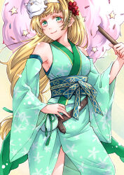  alternate_costume blonde_hair breasts cowboy_shot detached_sleeves ebi_puri_(ebi-ebi) feh_(fire_emblem_heroes) female fire_emblem fire_emblem:_three_houses green_eyes green_kimono holding ingrid_brandl_galatea japanese_clothes kimono long_hair long_sleeves looking_at_viewer mask mask_on_head sleeveless sleeveless_kimono small_breasts smile solo standing very_long_hair wide_sleeves 