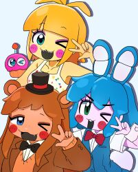  3girls absurdres animal_ears bear_ears bear_girl blonde_hair blue_eyes blue_hair blush_stickers bow bowtie breasts brown_hair cleavage colored_skin commentary_request cupcake cupcake_(fnaf) dark-skinned_female dark_skin extra_ears five_nights_at_freddy&#039;s five_nights_at_freddy&#039;s_2 flat_chest food genderswap_(mtf) green_eyes hat highres humanization long_hair medium_breasts minami_(mnm-kyk) multiple_girls one_eye_closed open_mouth rabbit_ears rabbit_girl rabbit_tail rule_63 short_hair tail top_hat toy_bonnie toy_chica toy_freddy v white_background yellow_skin 