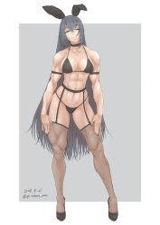  abs animal_ears black_bra black_choker black_footwear black_garter_belt black_hair black_panties bra brown_eyes bunny_day choker fake_animal_ears female fishnet_thighhighs fishnets full_body garter_belt hair_between_eyes high_heels highres kantai_collection long_hair muscular muscular_female nagato_(kancolle) panties rabbit_ears smile solo standing thighhighs underwear underwear_only very_long_hair yuichi_(sp_sakura_yoshi) 