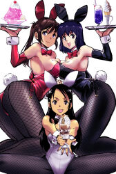  3girls animal_ears black_hair black_leotard breast_press breasts brown_eyes brown_hair dark-skinned_female dark_skin detached_collar detached_sleeves fake_animal_ears fishnet_pantyhose fishnets food glass highleg highleg_leotard highres ice_cream_cone kamisimo_90 kneeling large_breasts leotard looking_at_viewer multiple_girls open_mouth original pantyhose playboy_bunny ponytail purple_eyes purple_hair rabbit_ears rabbit_tail red_eyes red_leotard shaved_ice smile spread_legs strapless strapless_leotard symmetrical_docking tail white_background white_leotard wrist_cuffs 