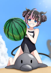  absurdres ahoge alternate_costume alternate_hairstyle ball beachball black_hair black_one-piece_swimsuit blue_eyes blue_sky blurry blurry_background cloud cuore_0624 demon_girl demon_horns double_bun female full_body grey_horns grin hair_bun highres holding holding_ball holding_beachball horns inflatable_dolphin inflatable_toy kneeling long_hair looking_at_viewer medium_bangs nanashi_inc. oinomori_may one-piece_swimsuit outdoors pink_hair pointy_ears short_hair sky smile solo swimsuit virtual_youtuber watermelon_beachball 