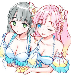  2girls :/ ;p anyoji_hime bikini black_hair blonde_hair blue_eyes blunt_bangs blunt_ends blush braided_sidelock breasts cleavage closed_mouth collarbone commentary cropped_torso english_commentary flower frilled_bikini frills gradient_hair green_eyes hair_flower hair_ornament halterneck hand_on_another&#039;s_stomach highres layered_bikini link!_like!_love_live! long_hair looking_at_another love_live! medium_breasts midriff momose_ginko multicolored_hair multiple_girls navel official_alternate_costume official_alternate_hairstyle one_eye_closed one_side_up passion!!!!!!_(love_live!) pink_hair plumeria short_hair simple_background single_sidelock smile swept_bangs swimsuit tongue tongue_out virtual_youtuber white_background white_bikini white_flower zangemiya 