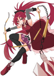  armpits black_bow black_thighhighs blush boots bow breasts chain_weapon commentary_request detached_sleeves dress female food food_in_mouth full_body gem grey_sleeves grin hair_between_eyes hairbow high-low_skirt knee_up long_hair looking_at_viewer magical_girl mahou_shoujo_madoka_magica mahou_shoujo_madoka_magica_(anime) medium_breasts pink_skirt pleated_skirt pocky pocky_in_mouth polearm ponytail red_dress red_eyes red_footwear red_gemstone red_hair sakura_kyoko sakura_kyoko_(magical_girl) simple_background skindentation skirt sleeveless sleeveless_dress smile solo soul_gem spear star_(symbol) thighhighs urei-hibino very_long_hair weapon white_background zettai_ryouiki 