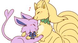  2023 aimer_arts bandana blush bow_ribbon clementine_the_vulpix_(aimer_arts) cuddling duo eeveelution espeon female feral forked_tail fur generation_1_pokemon generation_2_pokemon heart_symbol kerchief multi_tail ninetales nintendo nuzzling piper_the_eevee_(aimer_arts) pokemon pokemon_(species) pokemon_mystery_dungeon purple_body purple_fur simple_background size_difference smile spike_chunsoft tail unusual_anatomy unusual_tail white_background yellow_body yellow_fur 