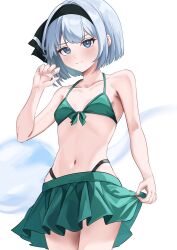  bare_arms bikini black_hairband black_ribbon blush bob_cut breasts closed_mouth collarbone commentary_request cowboy_shot female front-tie_top green_bikini green_skirt grey_eyes grey_hair hairband halterneck highres konpaku_youmu konpaku_youmu_(ghost) looking_at_viewer miniskirt navel pleated_skirt ramiki_(ramiki_3) ribbon short_hair simple_background skirt skirt_hold small_breasts solo stomach swimsuit touhou white_background 