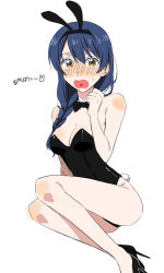  animal_ears ass bare_shoulders black_bow black_bowtie black_footwear black_leotard blush bow bowtie breasts detached_collar fake_animal_ears female hand_up high_heels leotard medium_breasts orange_eyes playboy_bunny rabbit_ears rabbit_tail shokugeki_no_souma solo tadokoro_megumi tail translation_request user_xjan4275 white_background 