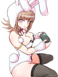  absurdres animal_ears animal_hood aruke_(gter7727) black_thighhighs breasts cleavage danganronpa_(series) danganronpa_2:_goodbye_despair fake_animal_ears female fishnet_thighhighs fishnets galaga handheld_game_console highres holding holding_handheld_game_console hood large_breasts leotard medium_hair mole mole_on_breast nanami_chiaki pink_eyes playboy_bunny rabbit_ears rabbit_hood strapless strapless_leotard thighhighs white_leotard 