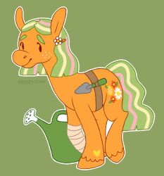  2021 accessory artist_name bandage bandaged_leg belt blonde_mane brown_belt closed_smile cutie_mark digital_drawing_(artwork) digital_media_(artwork) dot_eyes earth_pony equid equine eyebrows feathering female female_feral feral flat_colors flower_hair_accessory freckled_face freckles fur green_background green_eyebrows green_mane green_tail greengrizz hair_accessory hairclip hasbro heart_(marking) hi_res hooves horse mammal mane markings mlp_g3 mouth_closed multicolored_mane multicolored_tail my_little_pony orange_body orange_fur orange_hooves outline pink_mane pink_tail pony pre-g4 simple_background smile solo spade_(shovel) spring_parade_(mlp) tail tool_belt tools watering_can wavy_mane wavy_tail white_freckles white_outline yellow_tail 